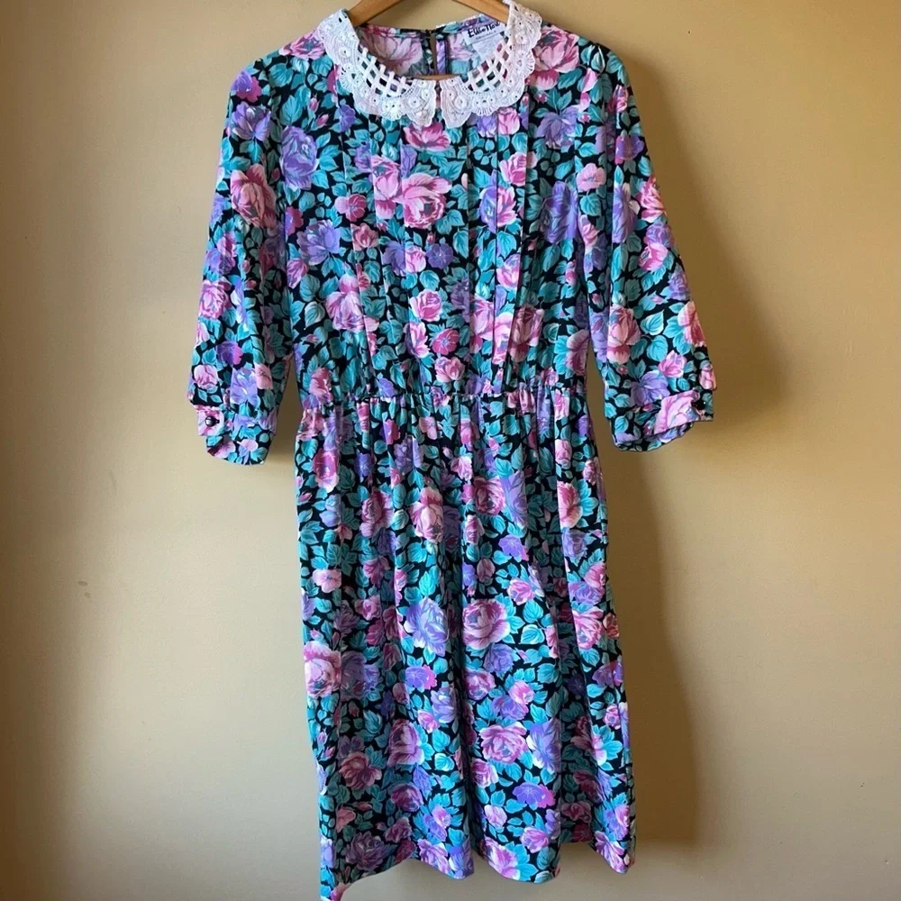 Vintage 80s Ellen Hart Floral Lace Women’s Dress Size 10P Cottagecore - Picture 1 of 12